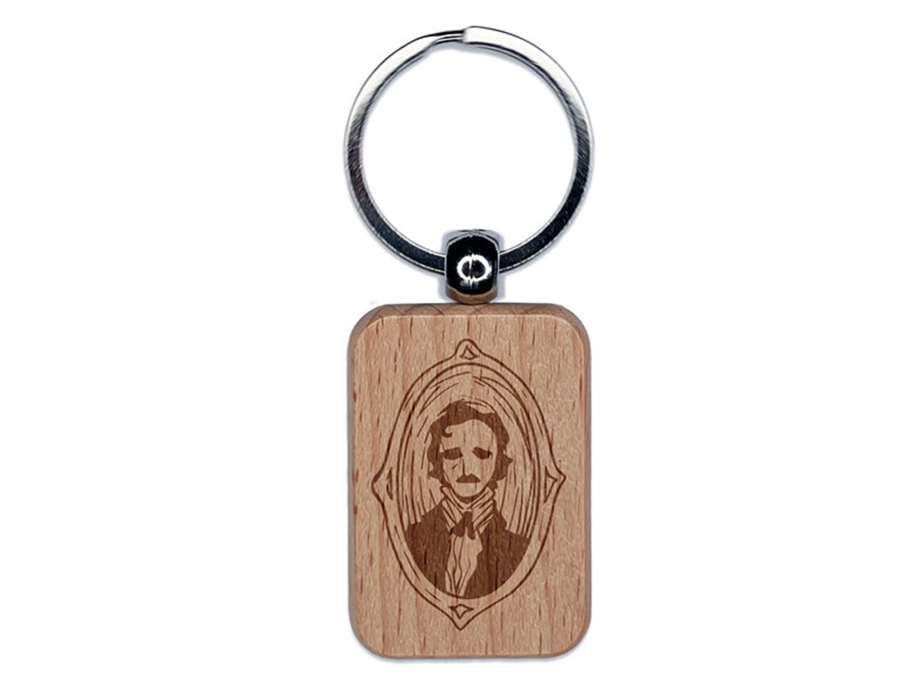 Edgar Allen Poe Vintage Victorian Portrait Engraved Wood Rectangle Keychain Tag Charm